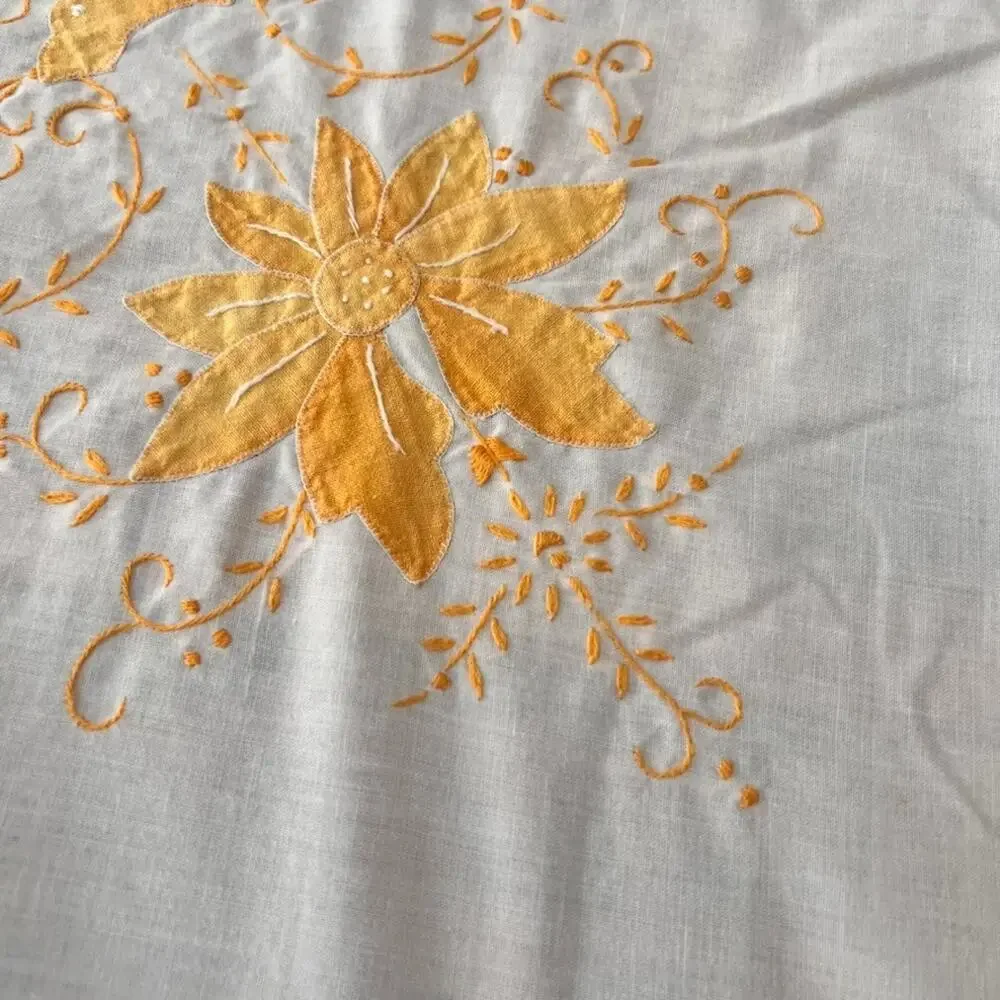 Vintage Hand Embroidered Floral Applique Intricate Design Tablecloth 83 x 69.5
